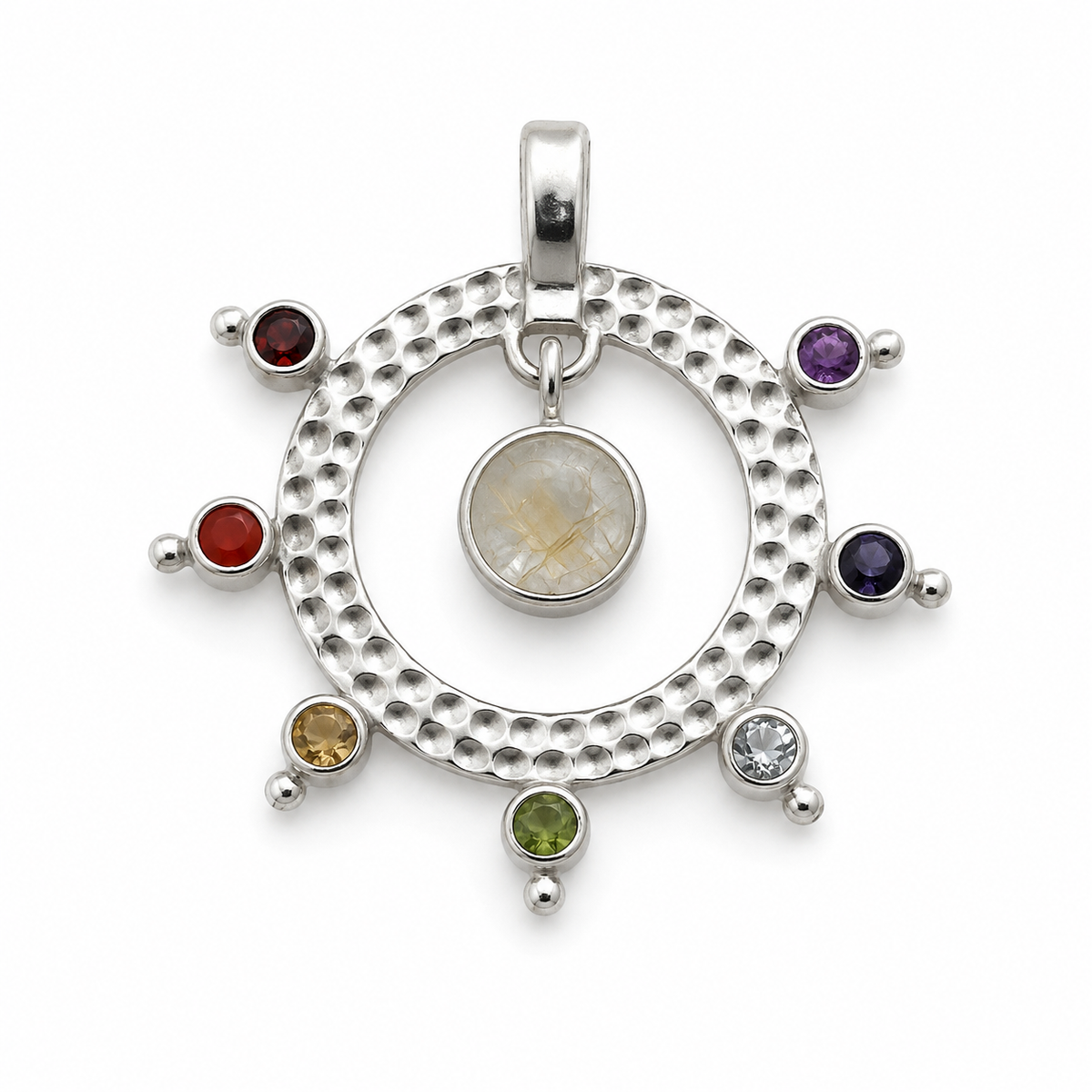 Chakra harmoni vedhæng | 925 Sterling Sølv, 7 krystaller og månesten Chakra harmoni vedhæng | 925 Sterling Sølv, 7 krystaller og månesten